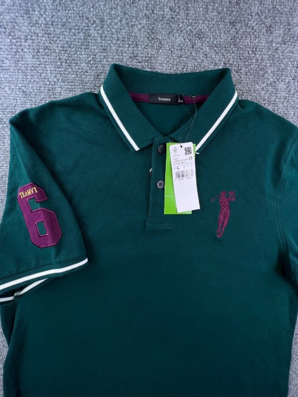 Bossini Mens Short Sleeve Polo Large NWT Green Big Maroon Golfer Logo Golfing